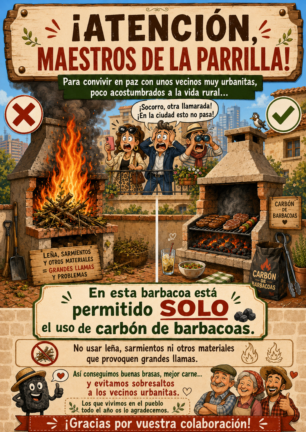 Cartel de Casa Rural Lola: en la barbacoa solo se permite carbón de barbacoa, no leña ni sarmientos